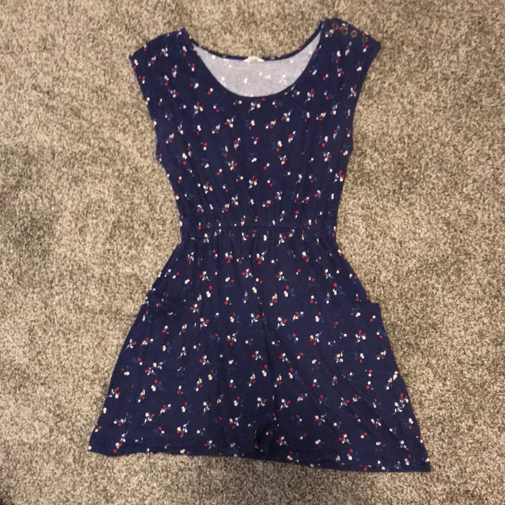 Navy dress red, white, and blue flowers
